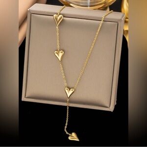 Gold Plated Stainless Steel Heart Charm Lariat Necklace